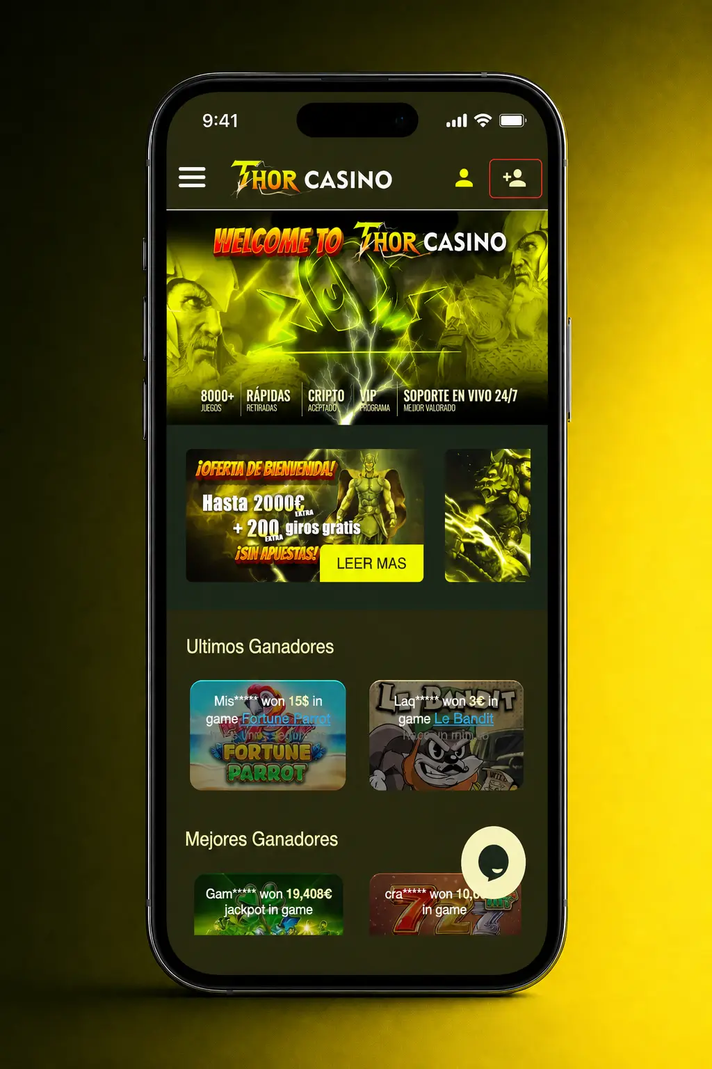 Pantalla de registro en la app ThorCasino